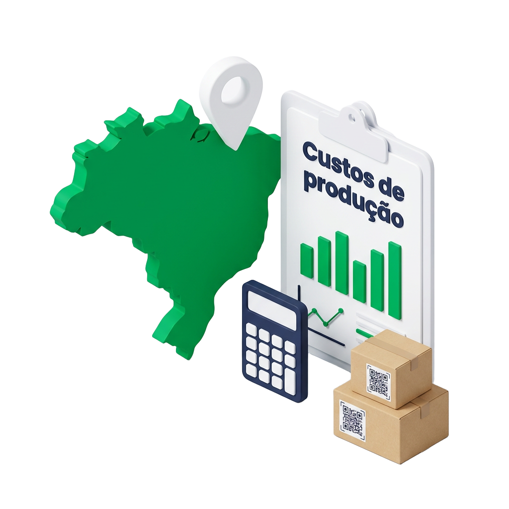 Mapa do Brasil com prancheta de custos de produção, calculadora e caixas